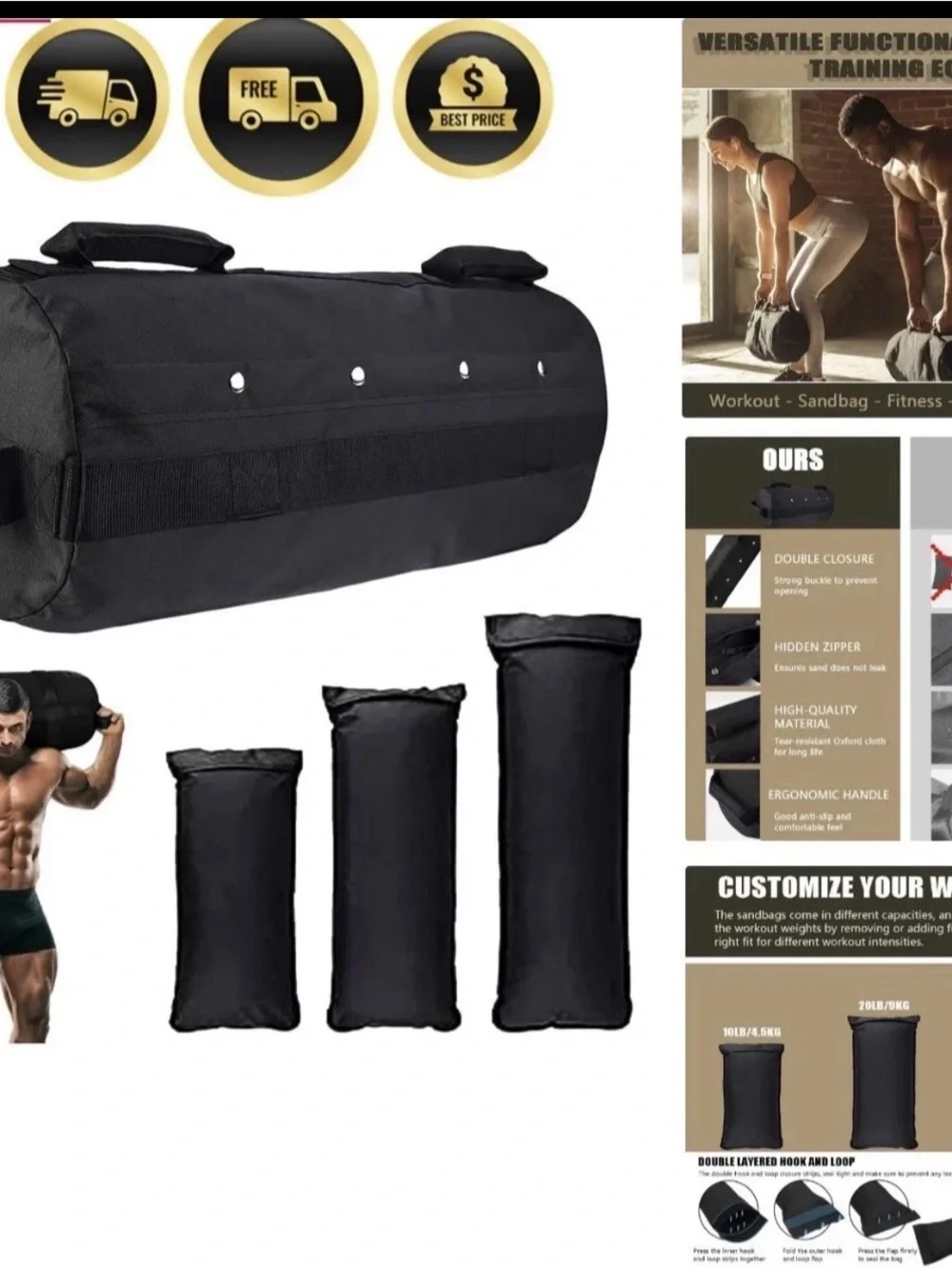 APTITUDE ATHLETIC Cross fit weight bag - black 60LB sandbags for fitness,...